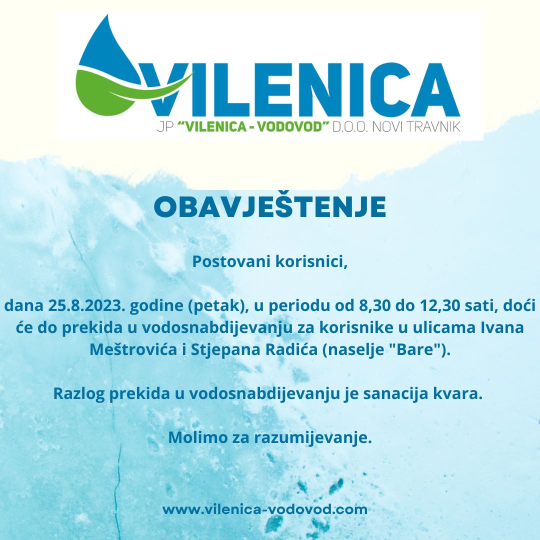 Obavještenje iz JP "Vilenica –Vodovod"