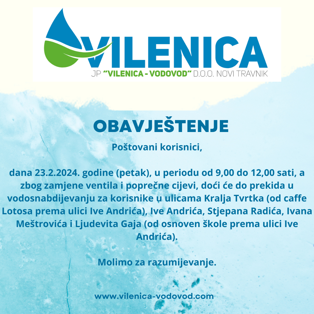 Obavještenje iz JP "Vilenica –Vodovod"