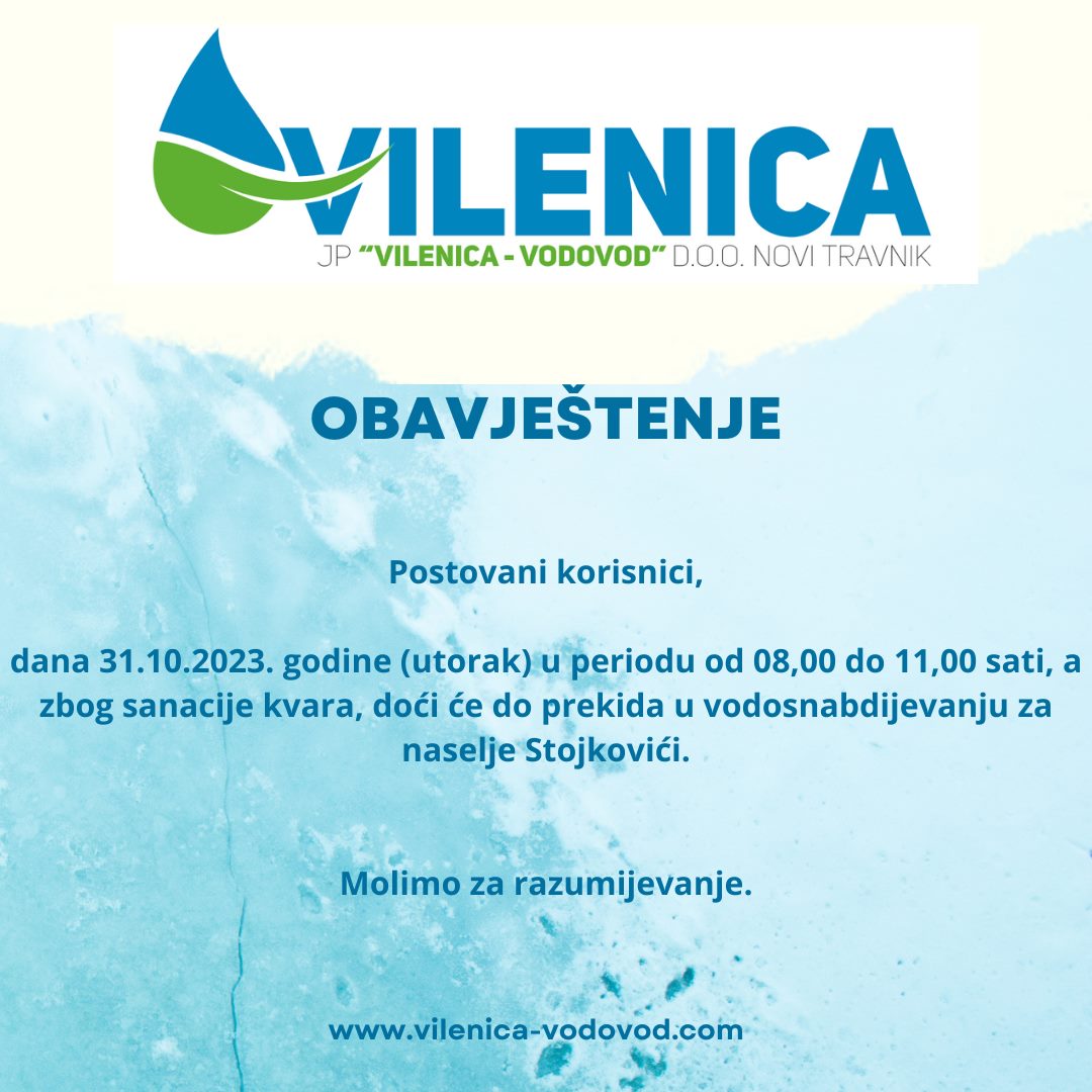 Obavještenje iz JP "Vilenica –Vodovod"